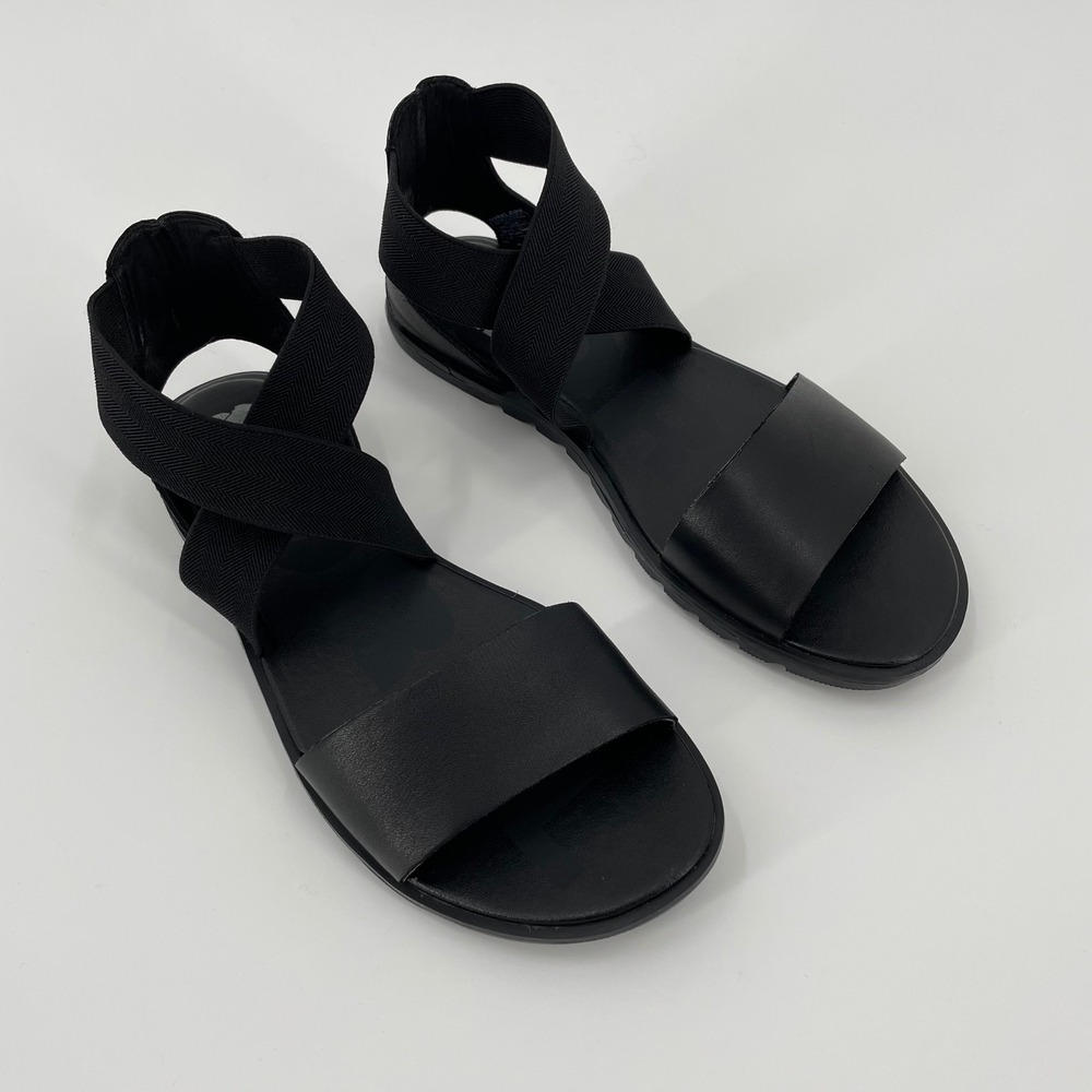 Sorel Ella II Ankle Strap Sandals‎ Black Leather Stretch Chevron Size 7.5 - Picture 2 of 9